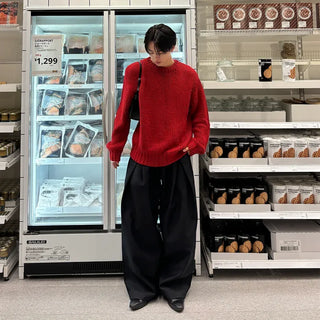 (Unisex) Double-waisted unique wide slacks