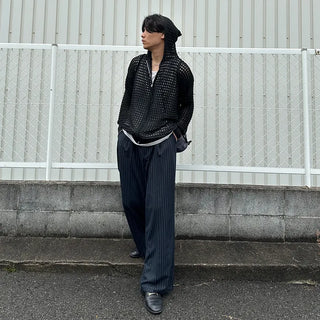 Mesh knit hooded zip-up