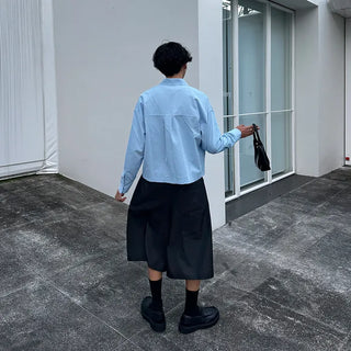 Pleated denim shorts