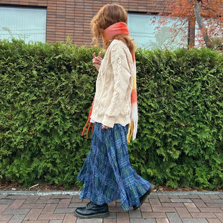 Checked flared wrinkle long skirt