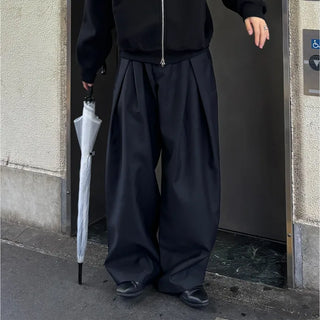 (Unisex) Double-waisted unique wide slacks