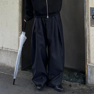 (Unisex) Double-waisted unique wide slacks