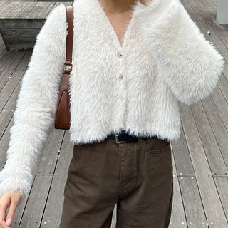 Cropped Shaggy Knit Cardigan