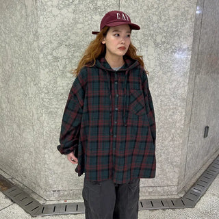 (Unisex) Check Hoodie Shirt Jacket
