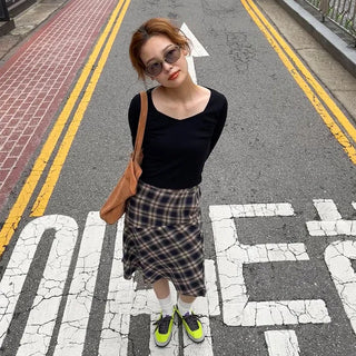 Vintage check layered banding skirt