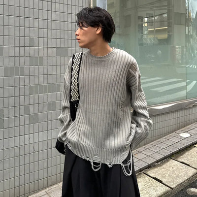 (Unisex) Ribbed distressed knit