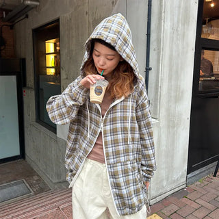 (Unisex) Check Hooded Zip-Up