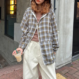 (Unisex) Check Hooded Zip-Up