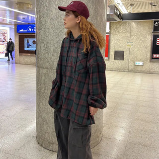 (Unisex) Check Hoodie Shirt Jacket
