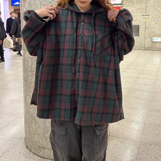 (Unisex) Check Hoodie Shirt Jacket