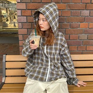 (Unisex) Check Hooded Zip-Up