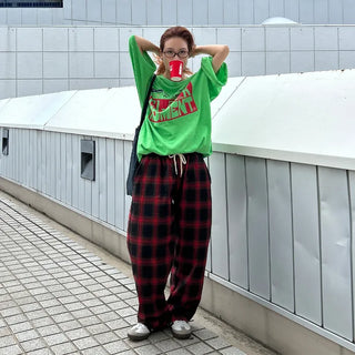 Tone-on-tone check banding pants