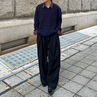 (Unisex) Cable Simple V-Neck Knit