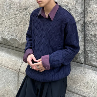 (Unisex) Cable Simple V-Neck Knit