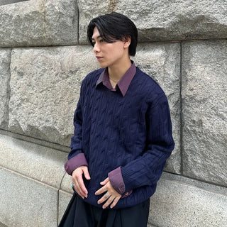 (Unisex) Cable Simple V-Neck Knit