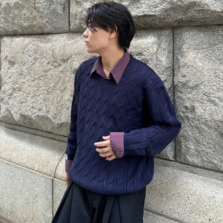 (Unisex) Cable Simple V-Neck Knit