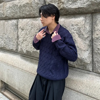 (Unisex) Cable Simple V-Neck Knit