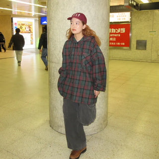 (Unisex) Check Hoodie Shirt Jacket