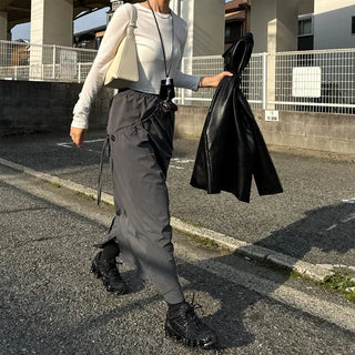 Low-balance pintuck long skirt