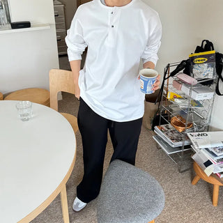 Henley neck long-sleeve T-shirt
