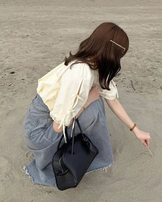 (ORIGINAL) Henley Neck Ribbon Balloon Blouse