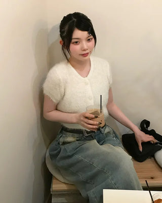Shaggy knit short-sleeved cardigan