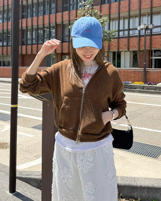 Rib-knit semi-cropped double-zip hoodie