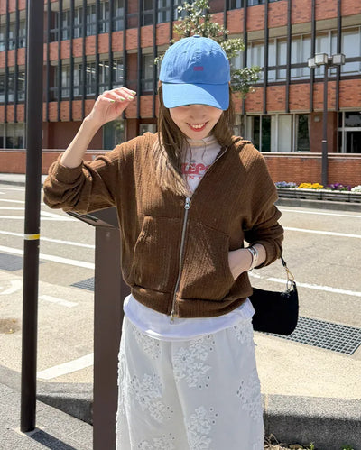 Rib-knit semi-cropped double-zip hoodie