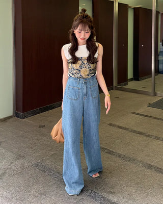 Front pocket elastic waist summer denim pants