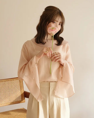 (ORIGINAL) Round Collar Button Sheer Blouse