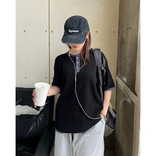 Henley neck waffle knit top