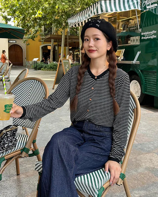 Striped round neck cardigan