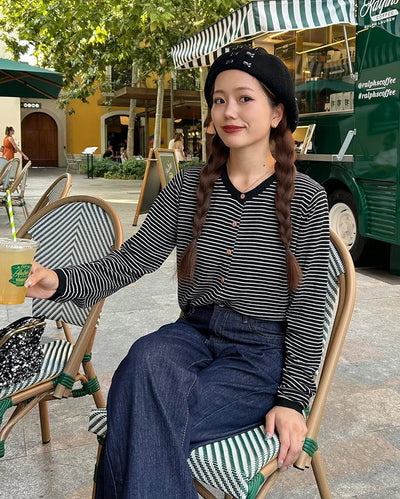Striped round neck cardigan