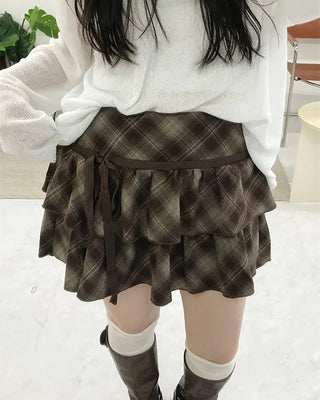 Ribbon check tiered mini skirt