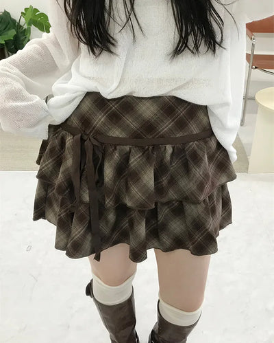 Ribbon check tiered mini skirt