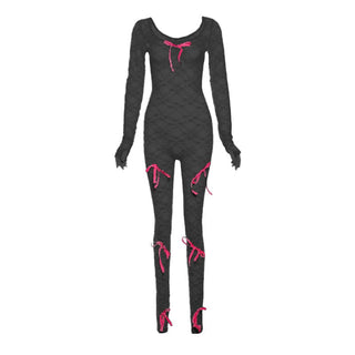 Long sleeve bowknot u neck lace see through jumpsuit