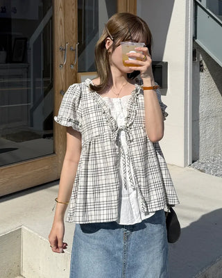 Front Ribbon Check Puff Sleeve Top
