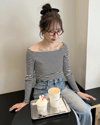 Striped off-shoulder t-shirt