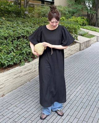 Balloon puff half-sleeve long dress
