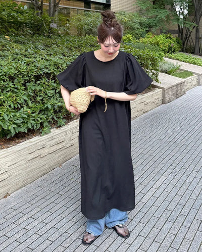 Balloon puff half-sleeve long dress