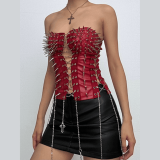 Metal chain lace up rivet applique PU leather tube top