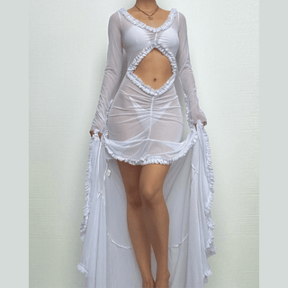 Long sleeve ruffle hollow out v neck sheer mesh cut out maxi dress-final-sale