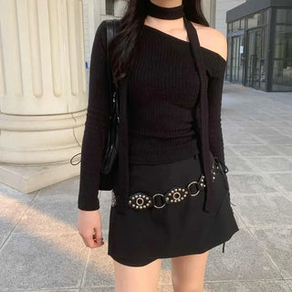Scarf Choker Off-Shoulder Asymmetrical Long-Sleeve T-Shirt