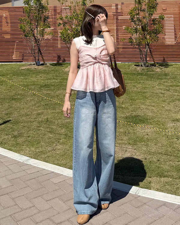 Washed wide denim pants