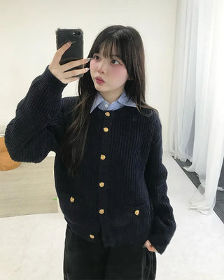 Gold Button Square Pocket Ribbed Cardigan