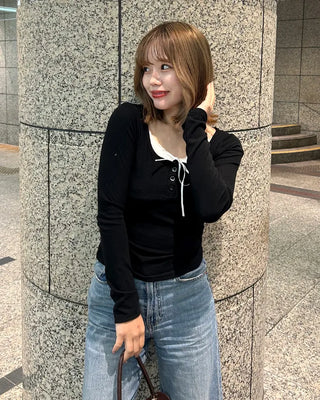 Ribbon Button Long Sleeve T-Shirt