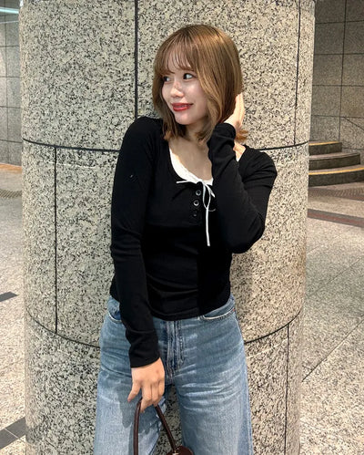 Ribbon Button Long Sleeve T-Shirt