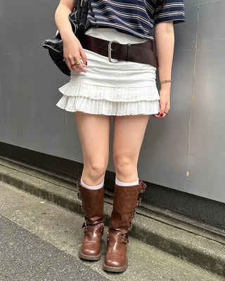 Shirred tiered pleated mini skirt
