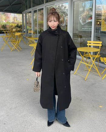 High-neck belted long coat