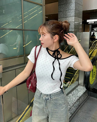 One-off shoulder two-tone half-sleeve T-shirt
